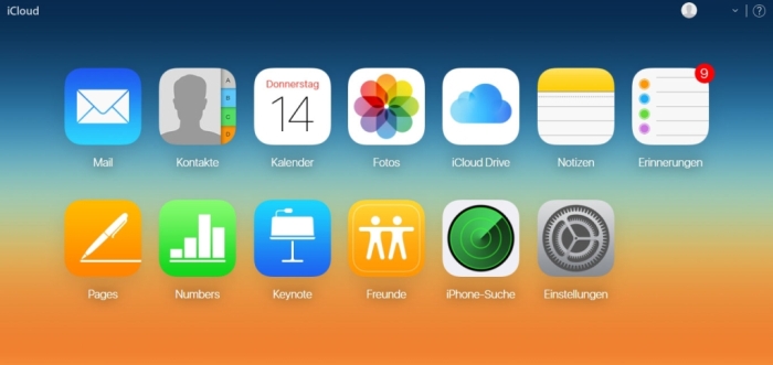 Apple Kontakte zu Android übertragen - Der Startbildschirm im iCloud Konto