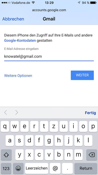 Android Kontakte auf iPhone übertragen - E-Mail-Adresse des Google-Kontos eingeben