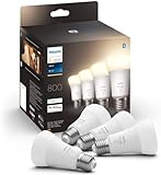 Philips Hue White E27 LED Lampen 4-er Pack (800 lm), dimmbare LED Leuchtmittel für das Hue Lichtsystem mit warmweißem Licht, smarte Lichtsteuerung über Sprache und App
