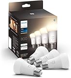 Philips Hue White E27 LED Lampen 4-er Pack (800 lm), dimmbare LED Leuchtmittel für das Hue Lichtsystem mit warmweißem Licht, smarte Lichtsteuerung über Sprache und App