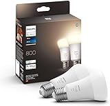 Philips Hue White E27 LED Lampen 2-er Pack (800 lm), dimmbare LED Leuchtmittel für das Hue Lichtsystem mit warmweißem Licht, smarte Lichtsteuerung über Sprache und App