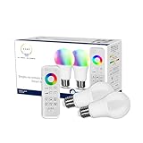 tint 2er-Set Smarte LED-Birnen E27 + Fernbedienung – Steuerbar per Alexa oder Fernbedienung – Dimmbare E27 Glühbirnen mit weißem (1800-6500 K) und farbigem Licht RGB, 9,5 W