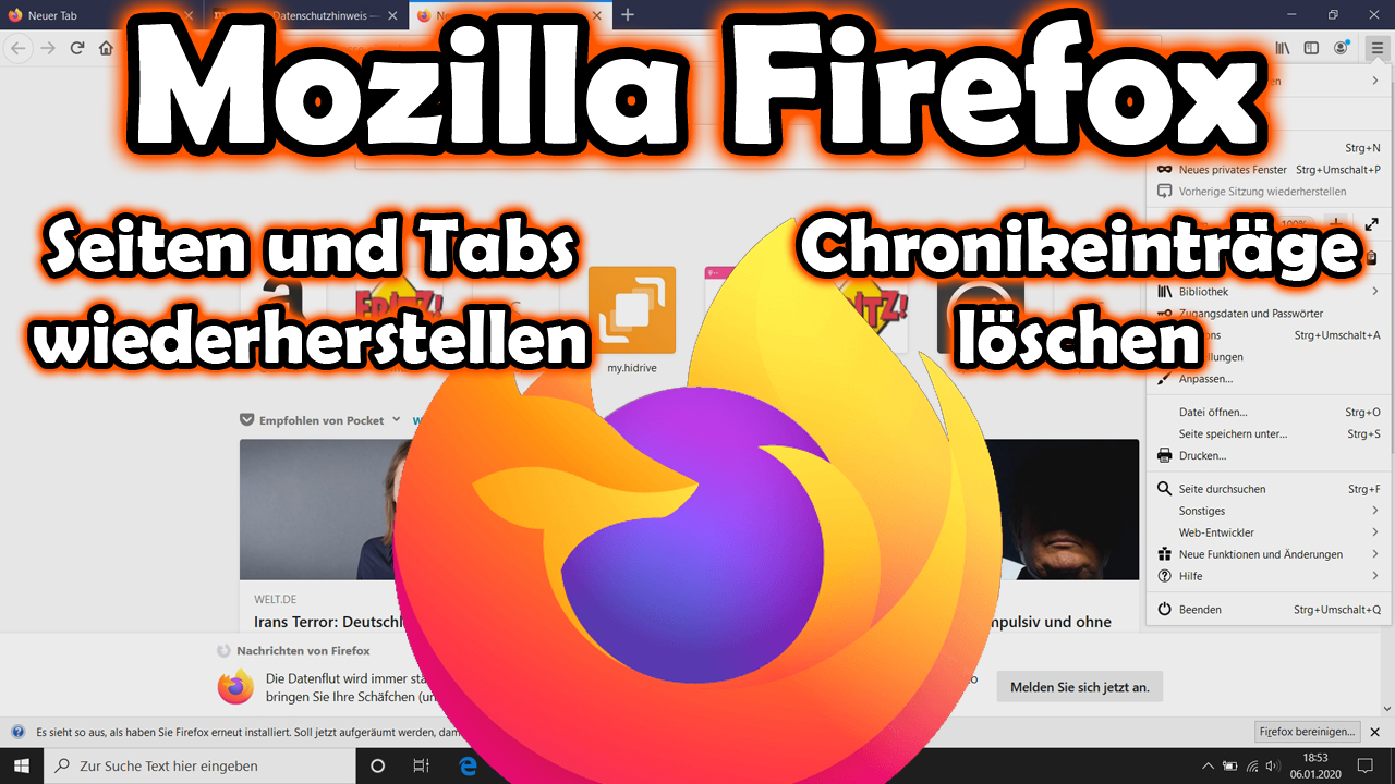 Mozilla Firefox sitzung wiederherstellen tabs wiederherstellen Chronik löschen