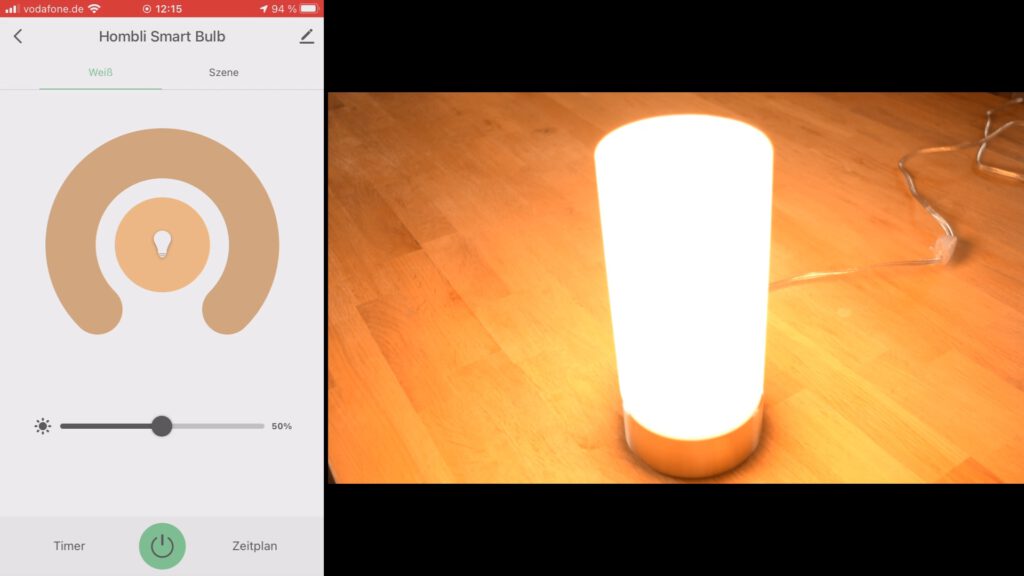 Die Steuerung der Hombli Glühbirne in der App