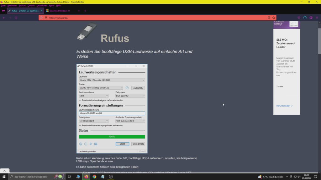 Die Downloadseite von Rufus