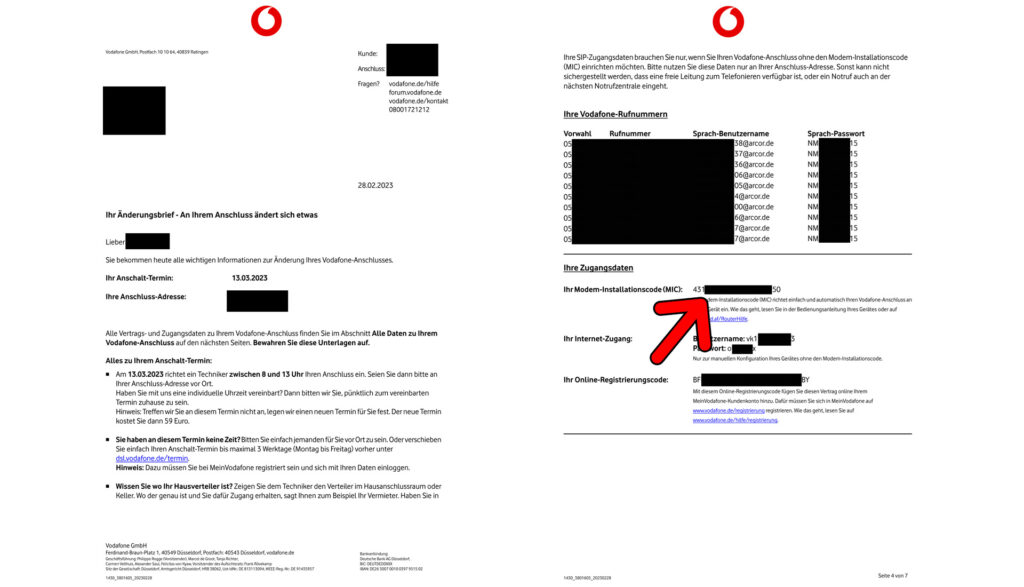 Im Vodafone Willkommensbrief stehen alle wichtigen Daten wie Modem-Installations-Code, Zugangsdaten und Passwörter